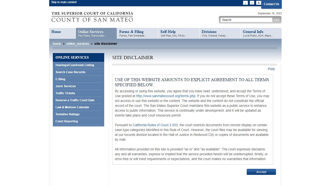 Site Disclaimer for MIDX and Open Access - San Mateo County Superior Court